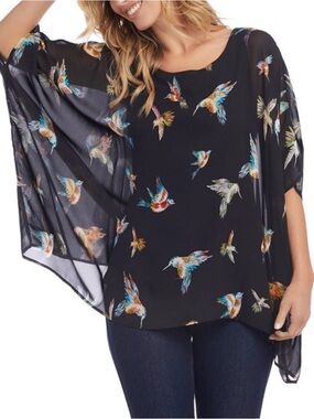 Karen Kane Flowy Black Hummingbird Print Dolman Sleeve Top
